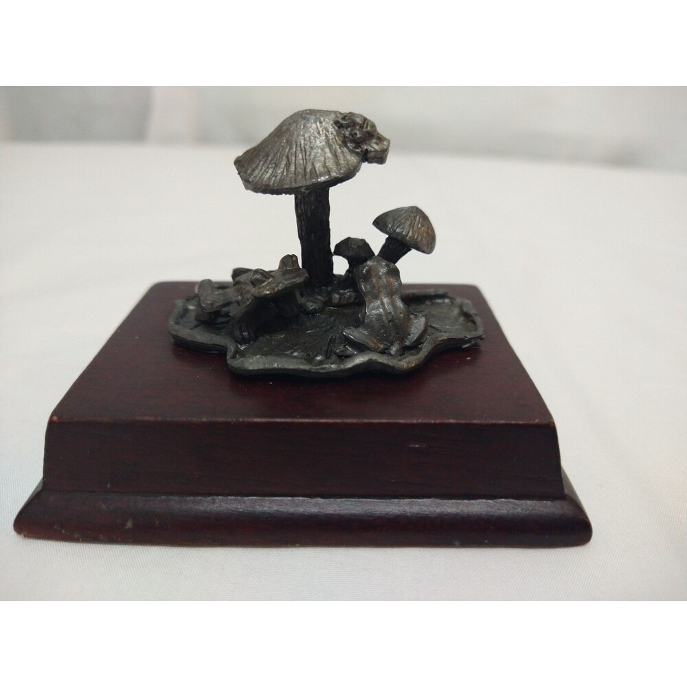Vintage metal on wood frog toad mushroom whimsical small mini figurine decor